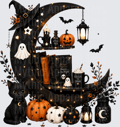 Halloween Crescent Moon Bookshelf Witch Hat Black Cat Ghosts