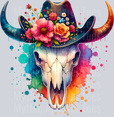 BULL SKULL WEARING A COWGIRL HAT WITH FLOWERS
