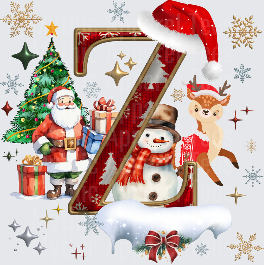 Letter Z Christmas Monogram with Santa Claus, Snowman, Reindeer, and Holiday Tree Surrounded by Gold and Silver Snowflakes