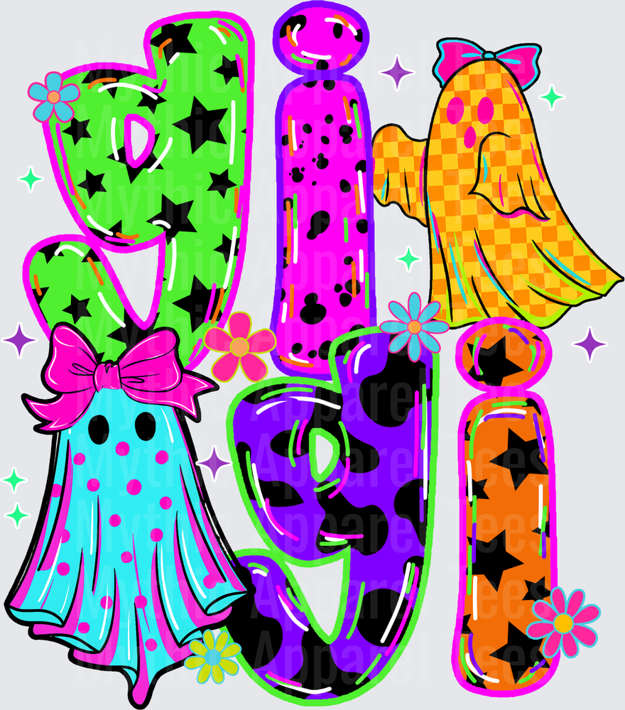Halloween Boo Retro Groovy Letter Design with Cute Ghosts Stars Polka Dots Checkered Patterns Bows and Flowers