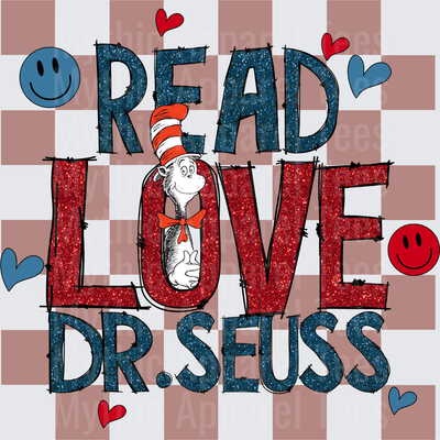 DR Seuss Read Love Cat in the Hat Glitter Checkered Design