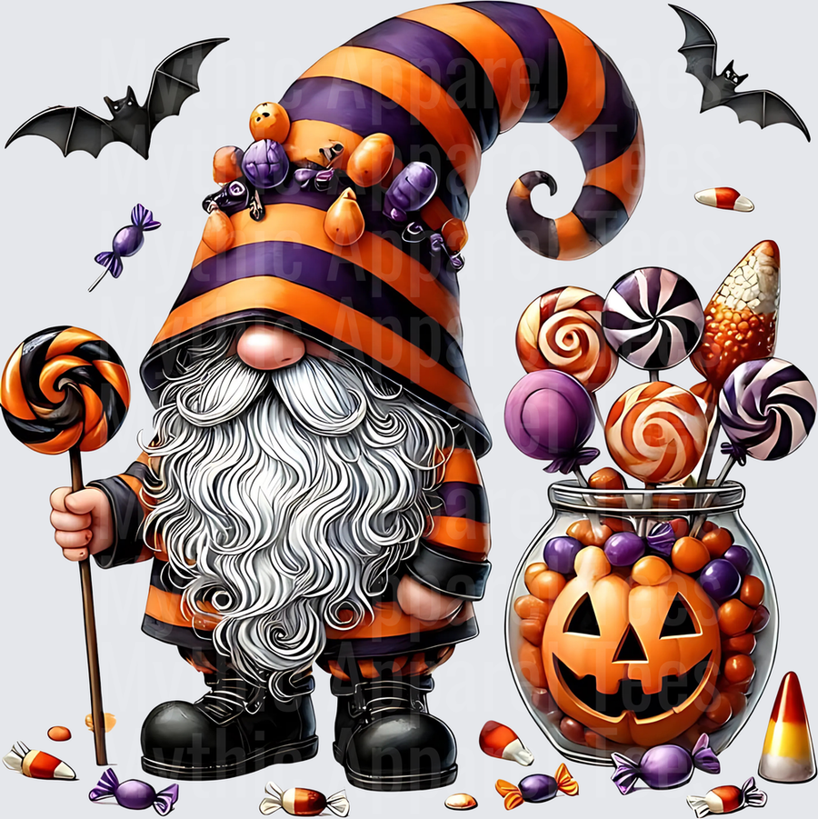 Halloween Gnome with Orange Black Striped Hat Holding Lollipop with Jack-O-Lantern Candy Jar and Flying Bats