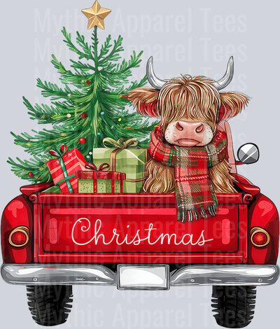 Merry Christmas Highland Cow Christmas Tree Red Truck Xmas T-Shirt