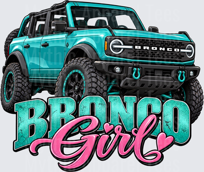 Bronco Girl Teal Ford Bronco 4x4 Off-Road SUV with Pink Script and Heart Accents