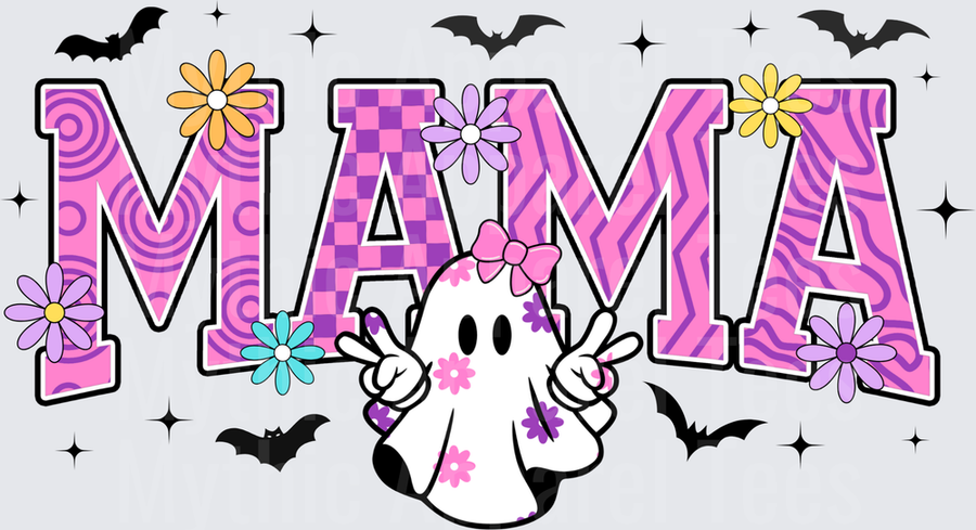 Halloween Mama Groovy Ghost with Pink Bow Floral Retro Pattern Letters Bats and Sparkles
