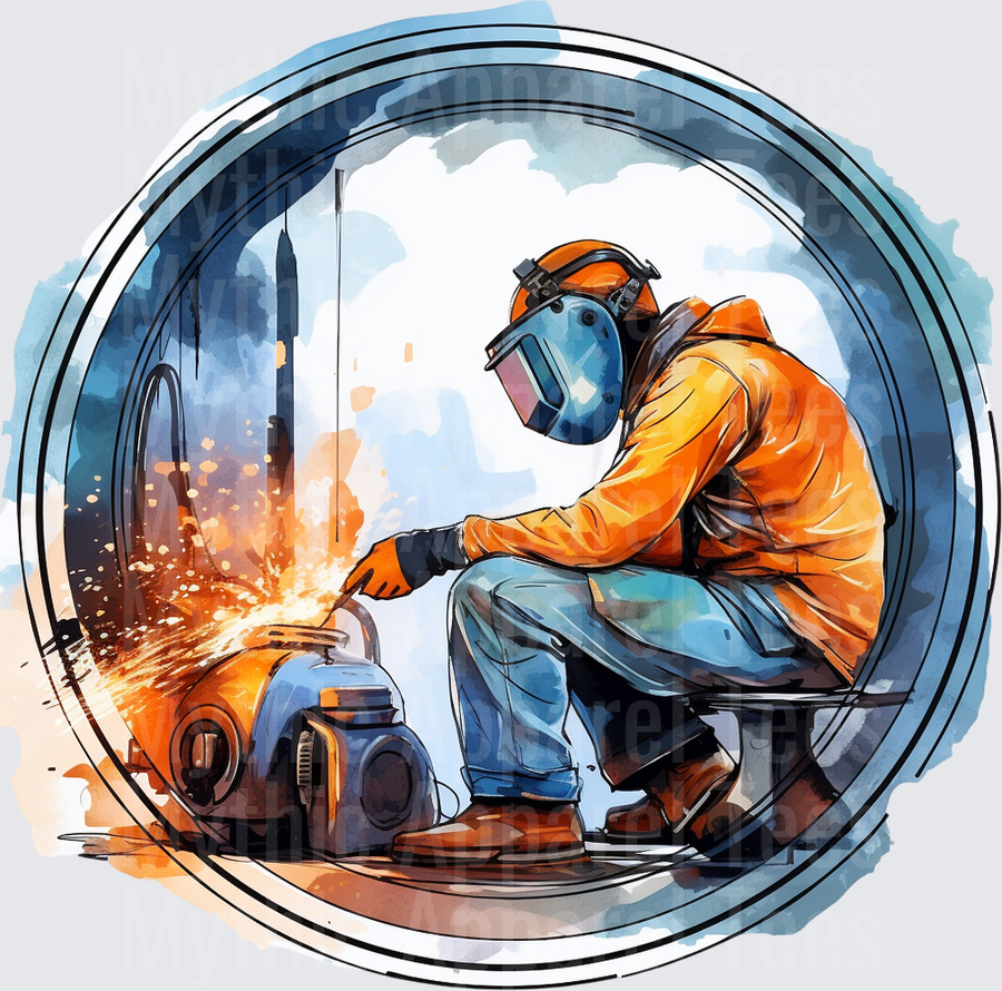 Watercolor Welder with Welding Mask Sparks Flying Circle Frame Blue and Orange