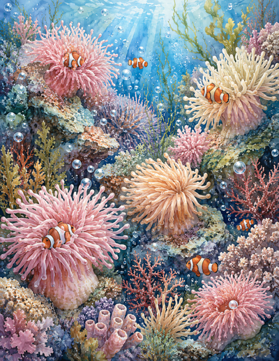 Ocean Animals Clownfish and Sea Anemone Coral Reef Watercolor