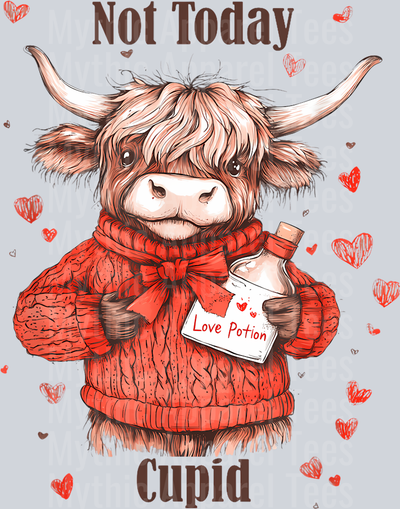 217 Funny Valentines Day Highland Cow Design Not Today Cupid T-Shirt
