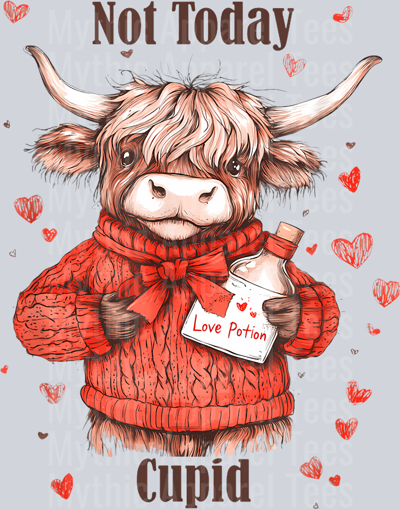 217 Funny Valentines Day Highland Cow Design Not Today Cupid T-Shirt