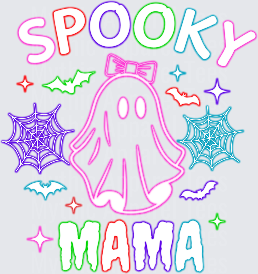 Halloween Spooky Mama Neon Ghost with Bow Bats and Webs