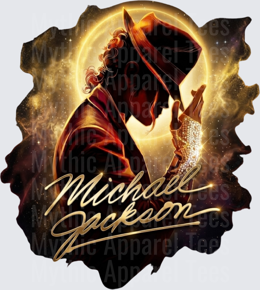 Michael Jackson Golden Glowing Silhouette with Signature Fedora Hat and Iconic Rhinestone Glove Galaxy Nebula Background