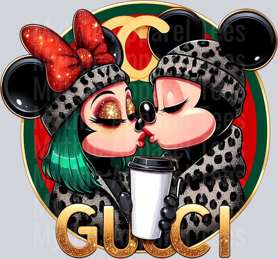 Mickey Minnie kissing with coffee Leopard print jacket Disney DTF Gucci Disney Transfers
