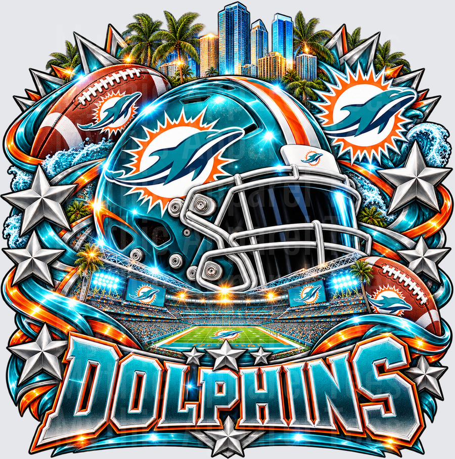 Miami Dolphins Teal Helmet Stadium Skyline Palm Trees Stars Bold Graphic Fan Design