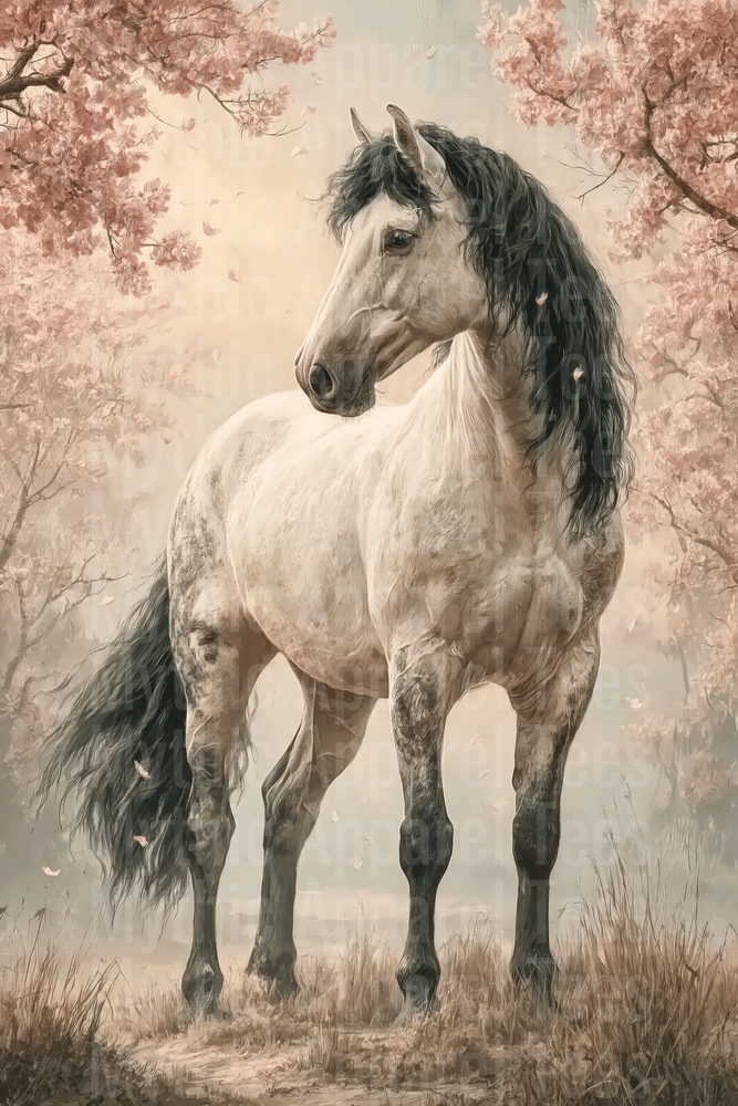 Majestic Dapple Gray Horse with Dark Mane Standing Among Blooming Cherry Blossom Trees