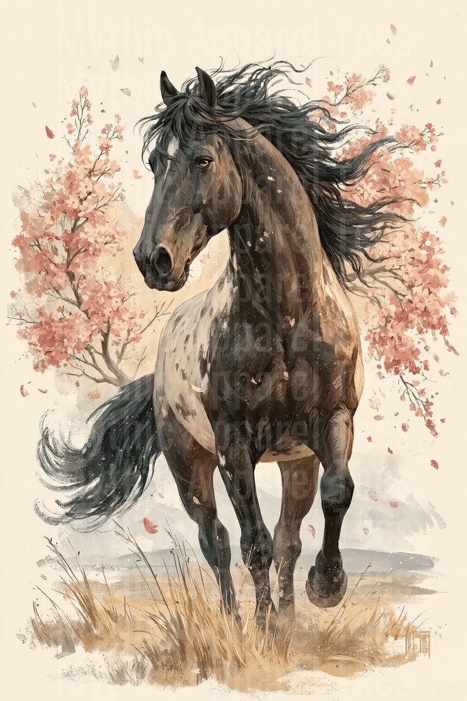 Majestic Appaloosa Horse Rearing With Flowing Black Mane Surrounded by Pink Blossoming Trees