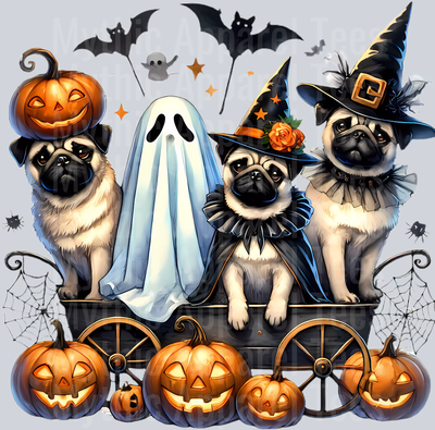 Pugs Dog Pumpkins and ghosts funny cute dog design DTF Halloween Transfers