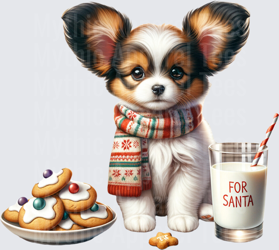 Adorable Papillon Puppy Christmas Scarf With Milk and Cookies For Santa Holiday Design