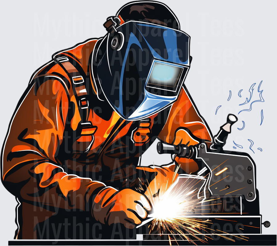 Welder In Orange Jacket And Auto-Darkening Helmet With Flying Sparks