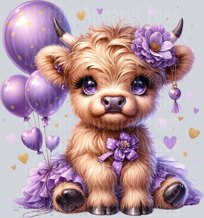 Cute Highland Cow Baby Purple Balloon and flower purple DTF Precious Highland Cow Transfers