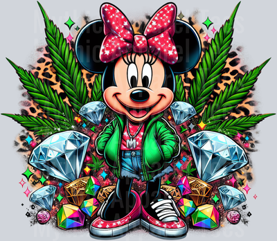 Minnie Mouse 3 Weed Plant Cheeta Print Jewels Smoking Weed DTF Weed Transfers