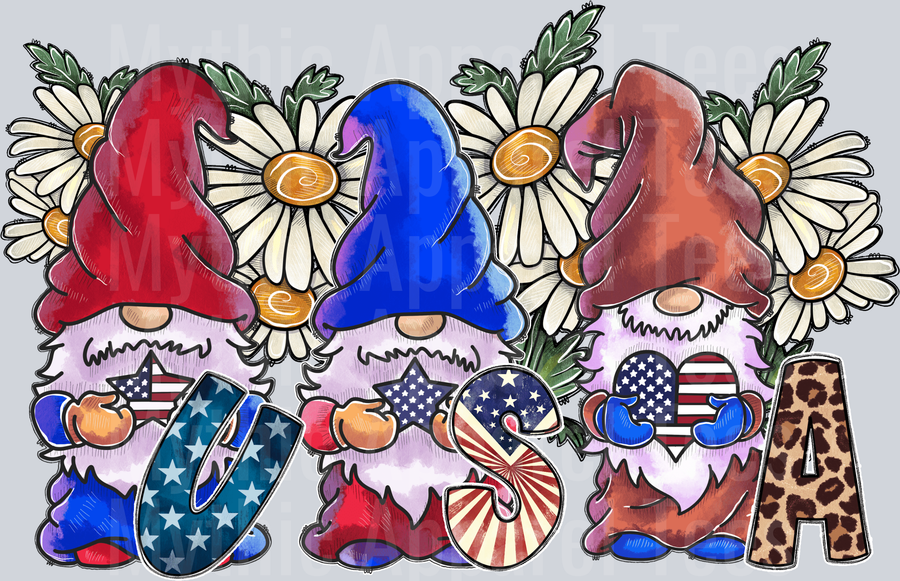 USA Gnomes Flowers and prints 4th of July DTF Patriotic Transfers