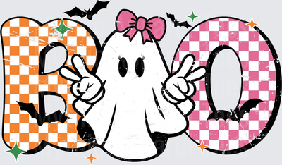 Halloween Boo Retro Checkered Ghost with Pink Bow and Peace Signs Distressed Grunge Style with Bats and Sparkles