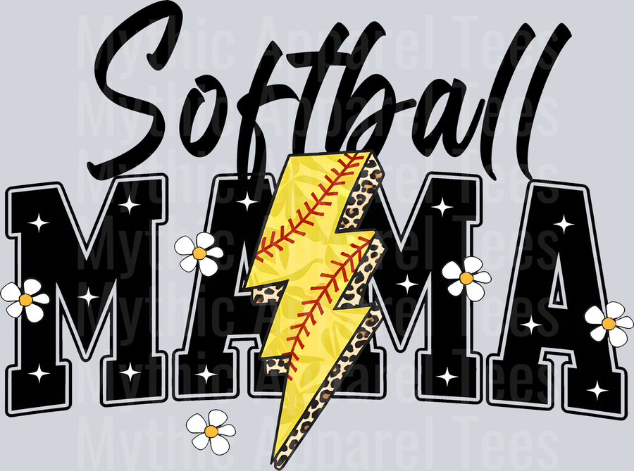 softball mama Checkers lightning bolt and script words DTF Softball Transfers