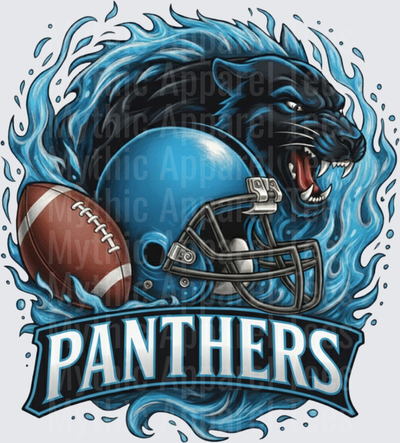 Fierce Black Panther Mascot Blue Flames Football Helmet Panthers Team Spirit Design