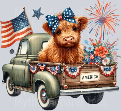 Olive Green Truck with American Flag DTF Patriotic Highland Cow Transfers
