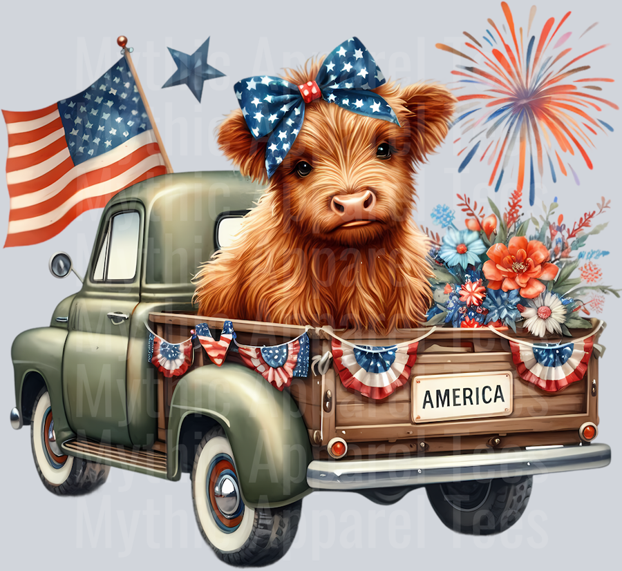 Olive Green Truck with American Flag DTF Patriotic Highland Cow Transfers