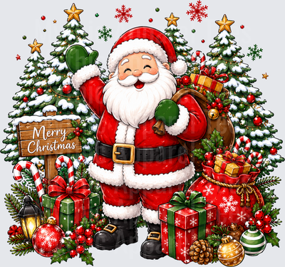 Jolly Santa Claus Waving Merry Christmas Sign with Snow-Covered Trees Gifts Candy Canes and Holiday Ornaments