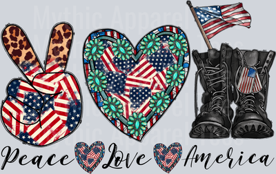 Peace Love America boots and peace sign 2 4th of July DTF Patriotic Transfers