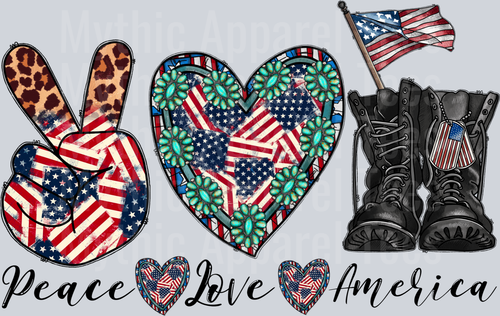 Peace Love America boots and peace sign 2 4th of July DTF Patriotic Transfers