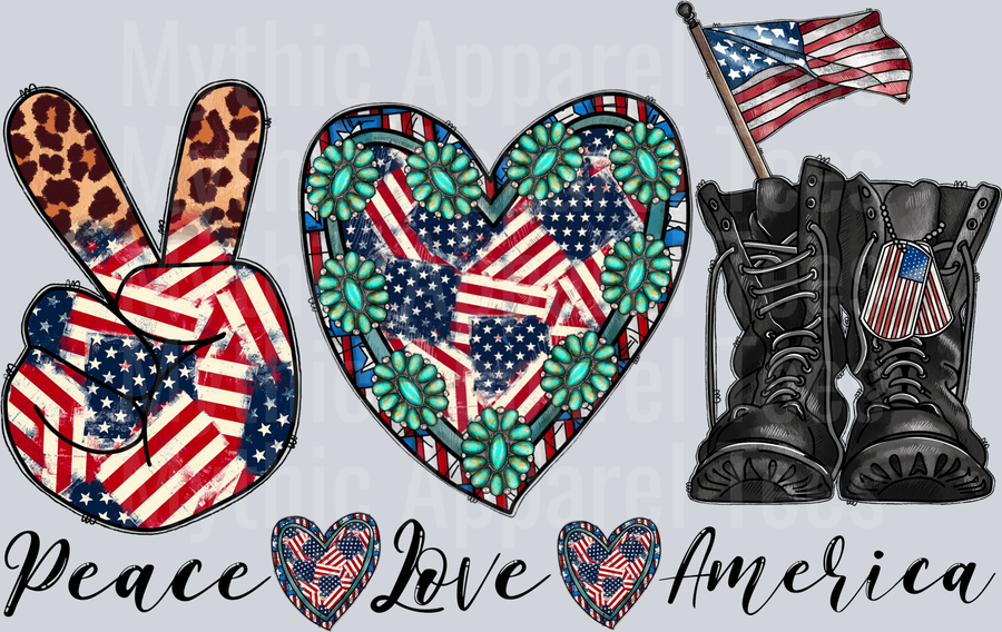 Peace Love America boots and peace sign 2 4th of July DTF Patriotic Transfers