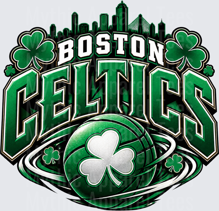 Basketball Boston Celtics Bold Green Shamrock City Skyline Graphic