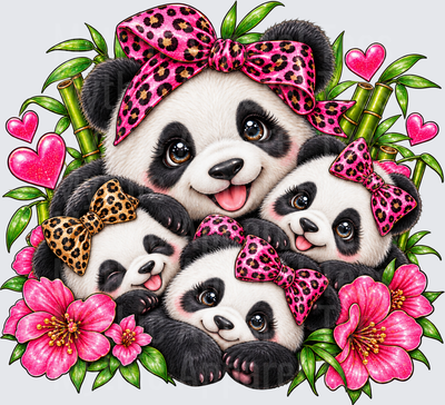 Animals Mama Panda and Baby Cubs with Pink and Tan Leopard Print Bows Surrounded by Bamboo Pink Hibiscus Flowers and Glitter Hearts