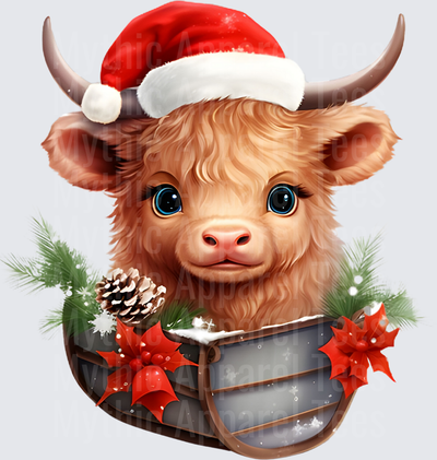 Highland Christmas Cow Baby in Sled with Poinsettias Santa Hat