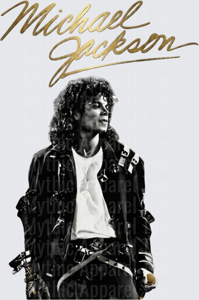 Michael Jackson Black and White Portrait with Gold Signature Script Graphic