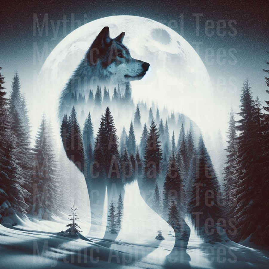 Wolf Double Exposure Snowy Pine Forest Full Moon Winter Night Sky