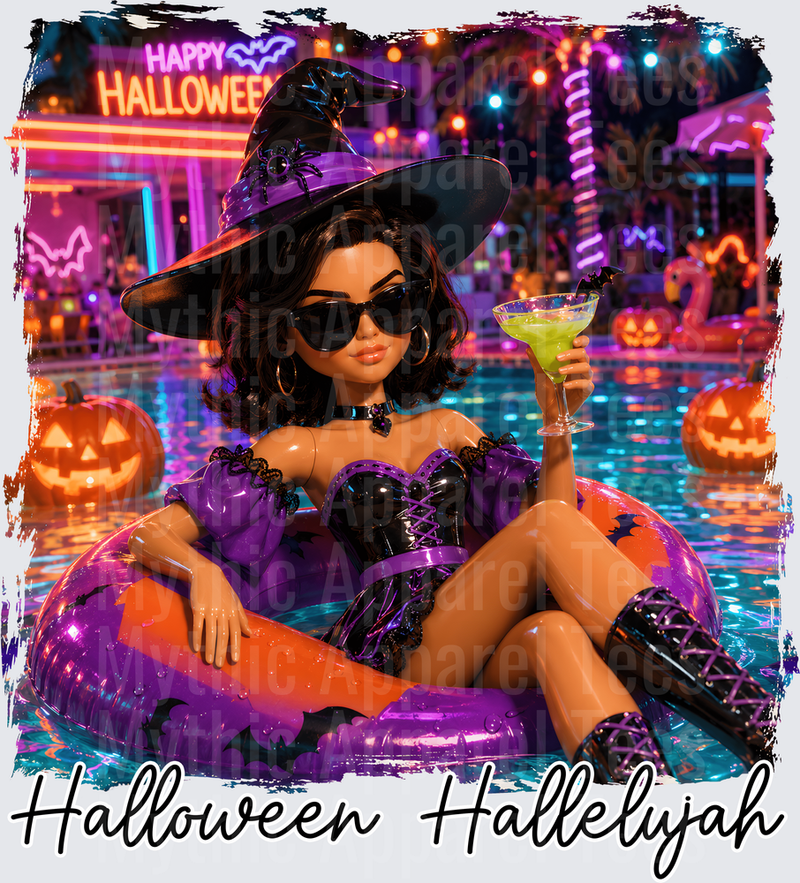 Halloween Hallelujah Glam Witch Doll Floating in Pool with Green Cocktail Neon Lights Jack-O-Lanterns