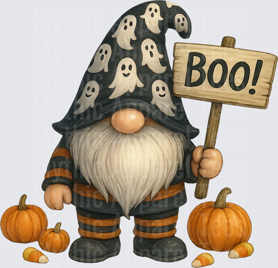 Halloween Gnome with Ghost Hat Holding Boo Sign Surrounded by Pumpkins and Candy Corn