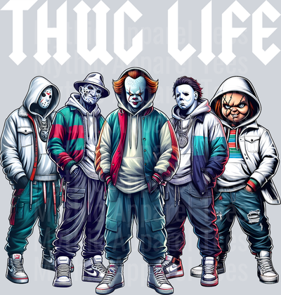 White Letters Straight Chucky THUG LIFE Freddy Krueger Jason Vorhees Michael Myers Pennywise Gangster Pose Horror Movie DTF Thug Life Transfers