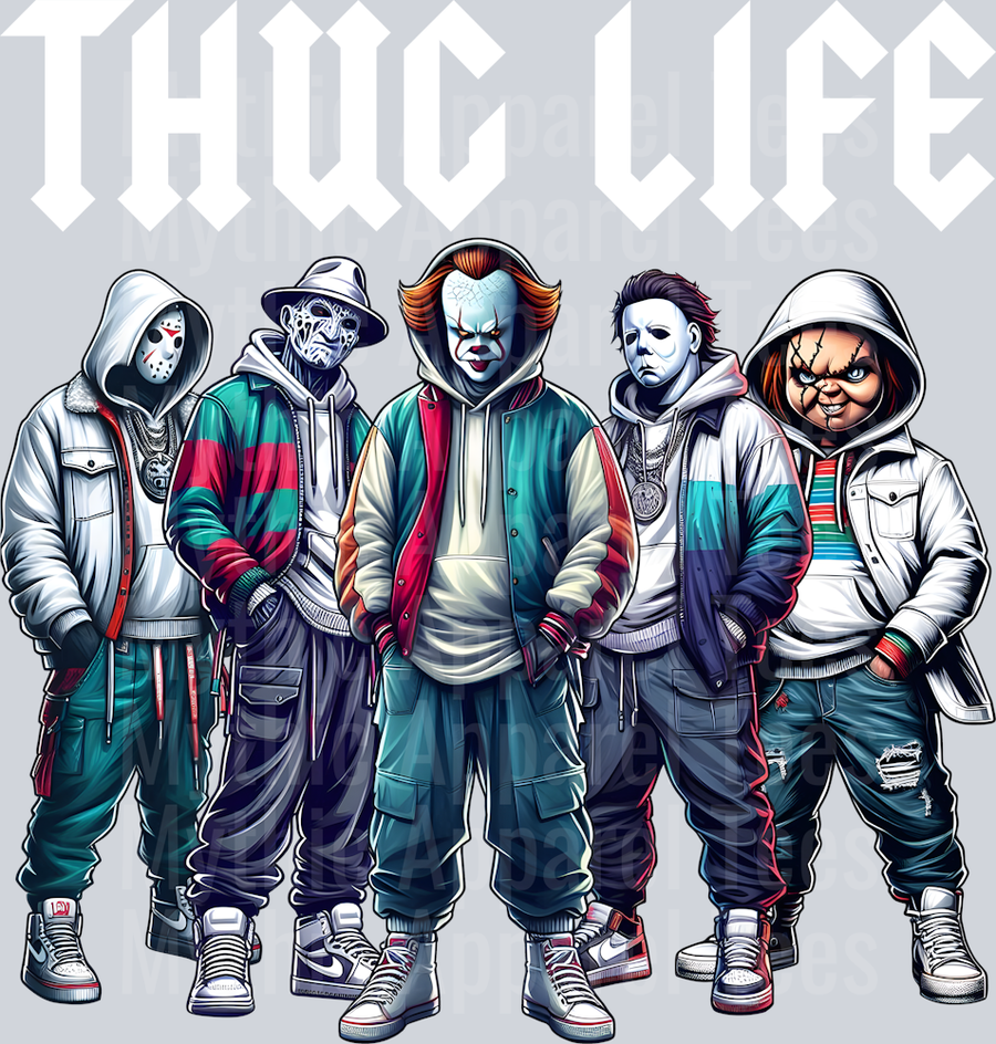 White Letters Straight Chucky THUG LIFE Freddy Krueger Jason Vorhees Michael Myers Pennywise Gangster Pose Horror Movie DTF Thug Life Transfers