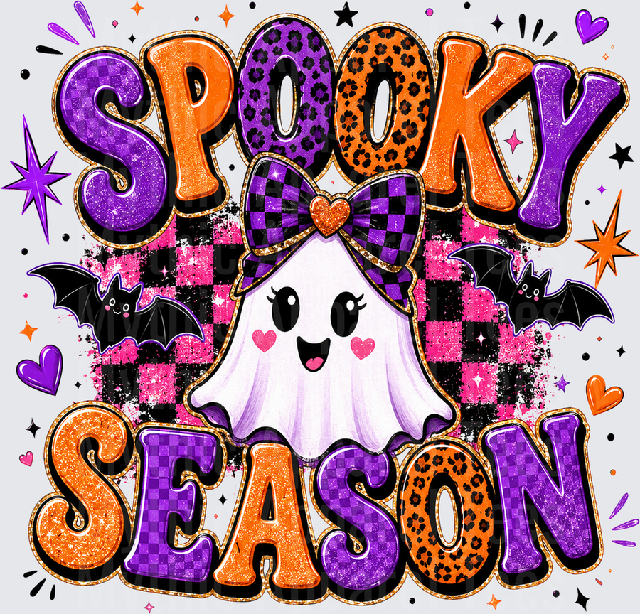 Halloween Spooky Season Cute Ghost with Bow Leopard Print Glitter Letters Bats Pink Black Checkered Plaid Purple Orange