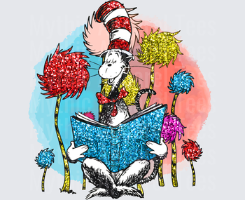 Cat in the Hat Reading Book Surrounded by Glitter Truffula Trees Watercolor Splash