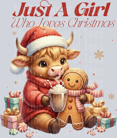 Just a Girl who Loves Christmas Highland Cow Santa Hot Cocoa Sweatshirt