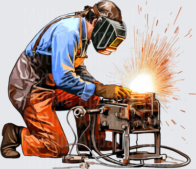 Kneeling Welder with Welding Mask Sparks Flying Metal Fabrication Worker Blue Collar Tradesman
