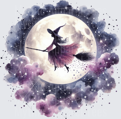 Halloween Gothic Witches Silhouette Flying Broomstick Full Moon Constellation Watercolor
