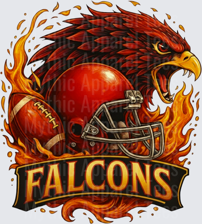 Falcons Fierce Raptor Mascot Red Football Helmet Ball Fire Flames Banner Spirit Design