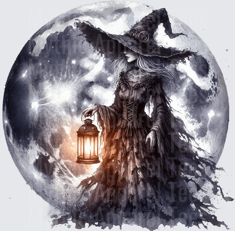 Halloween Gothic Witches Moonlit Lantern Watercolor Dark Witch